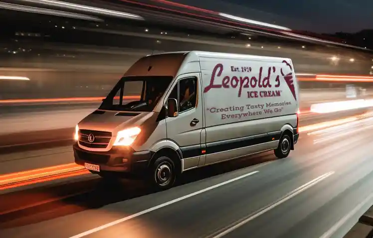 Leopolds shipping van pictured on a highway, smeared lights surround it.